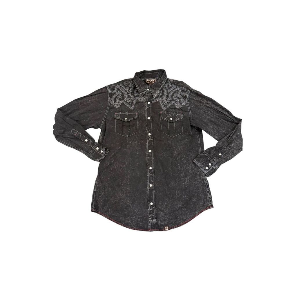 Cowboy Up Black Acid Wash Western Shirt Embroidered Snap Men’s L